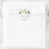 Sticker Rond Fleurs Vertes Blanches Calligraphie Merci (Sac)