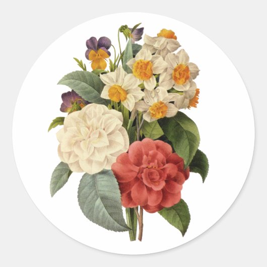 Sticker Rond Fleurs vintages, Camellias et Narcisse, Redoute (Devant)