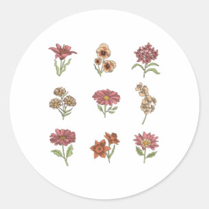 Sticker Rond Fleurs Vintages fleurs sauvages Botanique