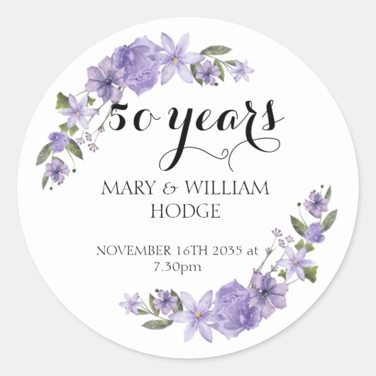 Sticker Rond Fleurs violettes de lavande 50e anniversaire maria (Devant)