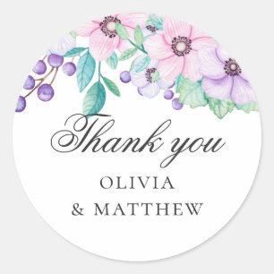 Sticker Rond Fleurs violettes et roses. Floral mariage merci