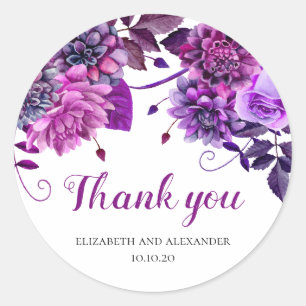 Sticker Rond Fleurs violettes merci. Mariage floral violet
