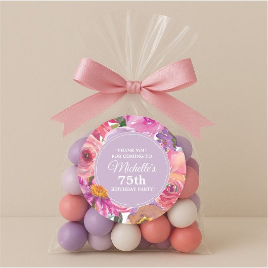 Sticker Rond Fleurs violettes roses 75e anniversaire Merci de f