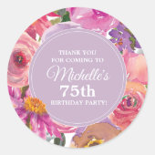 Sticker Rond Fleurs violettes roses 75e anniversaire Merci de f (Devant)
