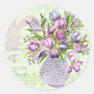 Sticker Rond Fleurs violettes vintages Shabby vert blanc