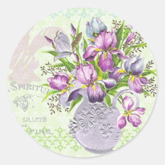 Sticker Rond Fleurs violettes vintages Shabby vert blanc