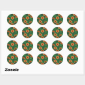 Sticker Rond Fleurs Zinnia orange, feuilles verts sur vert fonc (Feuille)