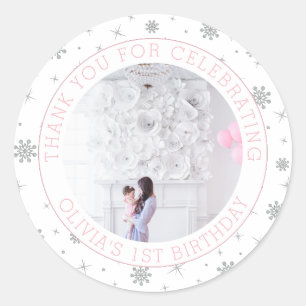 Sticker Rond Flocon de neige argenté et rose   1ère fête d'anni