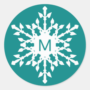 Sticker Rond Flocon de neige blanc monogramme sur Turquoise