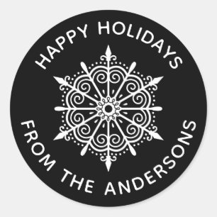 Sticker Rond Flocon de neige élégant noir blanc Noël d'hiver