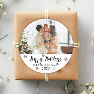 Sticker Rond Flocon de neige noir blanc Photo de famille Joyeus
