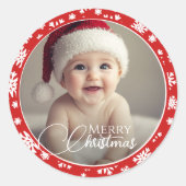 Sticker Rond Flocon de neige rouge et blanc Joyeux Noël Photo (Devant)