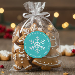 Sticker Rond Flocon de Noël Turquoise Élégant Faux Feuille d'Ar