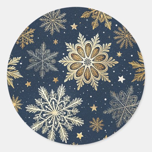 Sticker Rond Flocons de neige dorés et bleus marins modernes fa (Devant)