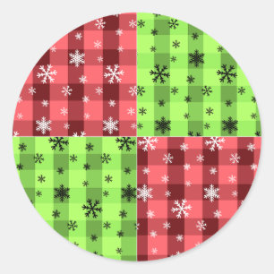 Sticker Rond Flocons de neige Rouge et Vert à carreaux de Noël