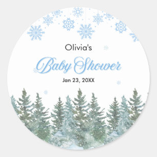 Sticker Rond Flocons de neige Sapins Bébé Hiver Shower