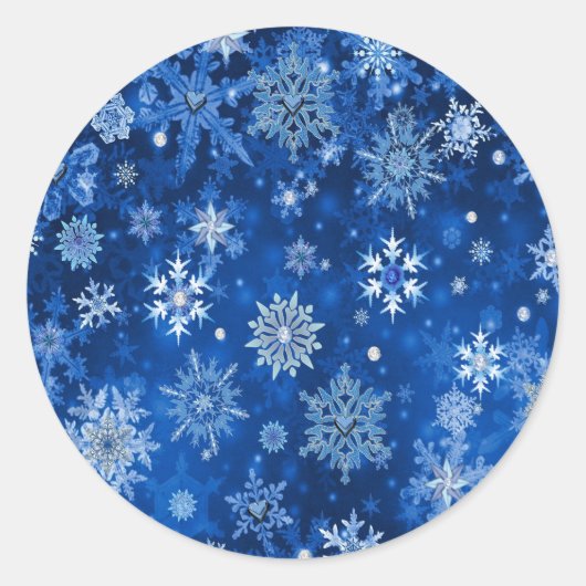 Sticker Rond Flocons de Noël Bleus et Argent (Devant)