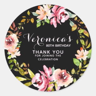 Sticker Rond Floral 80e anniversaire Merci Noir