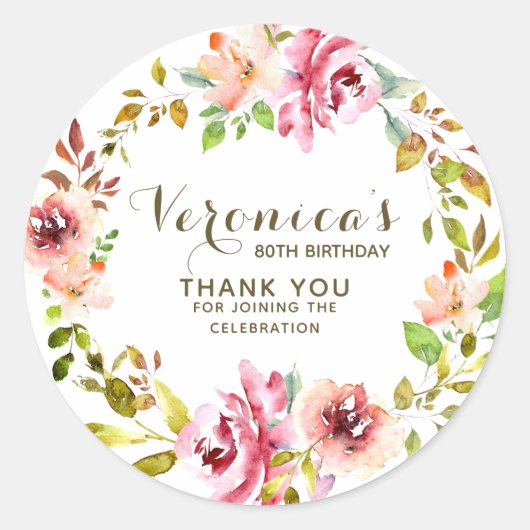 Sticker Rond Floral | 80e anniversaire Merci vert| (Devant)