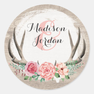 Sticker Rond Floral Antlers Mariage en bois rustique Personnali