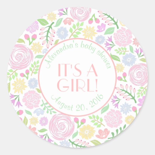 Sticker rond floral baby shower, brillant (Devant)