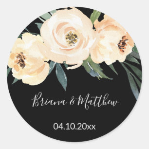 Sticker Rond Floral Beige Noir Aquarelle Mariage Faveurs