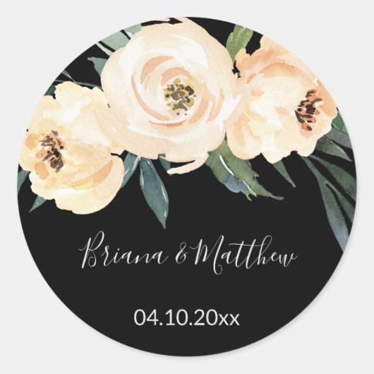 Sticker Rond Floral Beige Noir Aquarelle Mariage Faveurs (Devant)