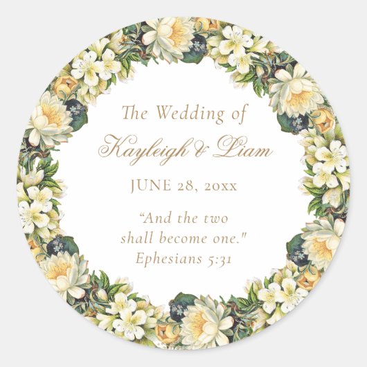 Sticker Rond Floral blanc Bible Verse Mariage chrétien (Devant)