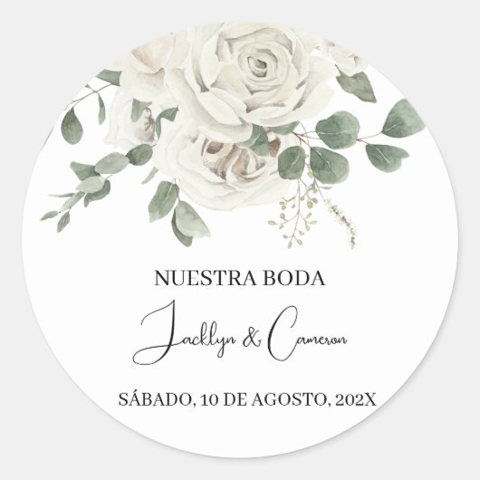 Sticker Rond Floral blanc Faire-part de mariage espagnol (Devant)