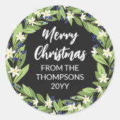 Sticker Rond Floral Bleu Berry Verdure Wreath Joyeux Noël (Devant)