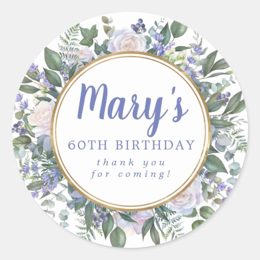 Sticker Rond Floral bleu blanc 60e anniversaire Merci (Devant)