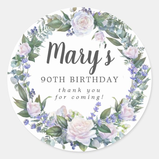 Sticker Rond Floral bleu blanc 90e anniversaire Merci (Devant)