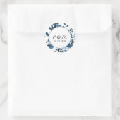 Sticker Rond Floral bleu et blanc avec Mariage Monogramme (Sac)