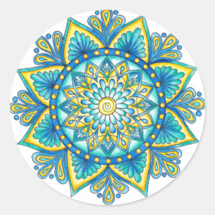 Sticker Rond Floral bleu Mandala Jaune Turquoise