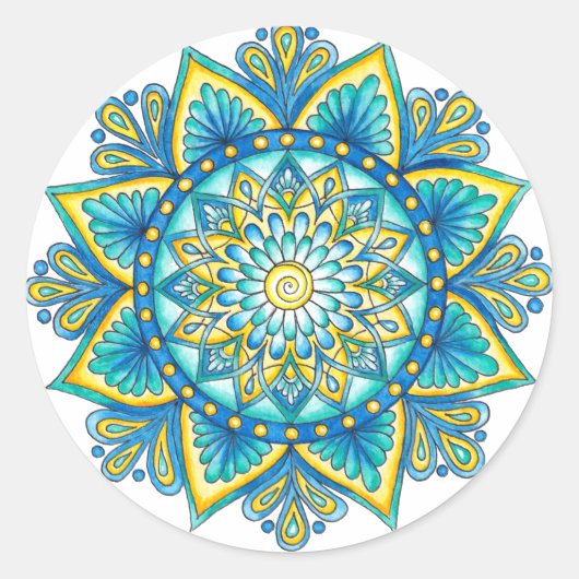 Sticker Rond Floral bleu Mandala Jaune Turquoise (Devant)