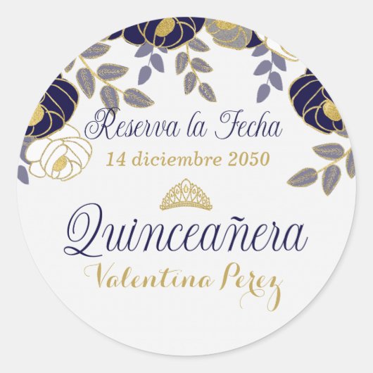 Sticker Rond Floral bleu Quinceanera Reserva la Fecha (Devant)