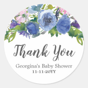 Sticker Rond Floral bleu violet Merci rose Baby shower