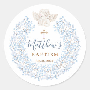 Sticker Rond Floral Blue Baby Angel Croix Baptême