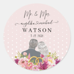 Sticker Rond Floral Blush Peonies Script tendance Mr et Mrs.