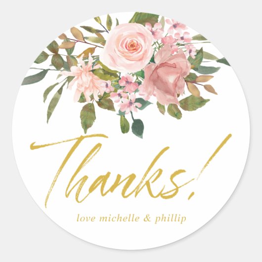 Sticker Rond Floral Blush rose et Merci Mariage or (Devant)