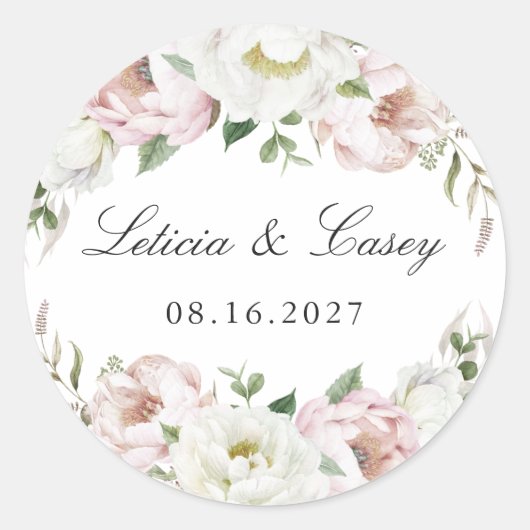 Sticker Rond Floral Blush White Peony Mariage (Devant)