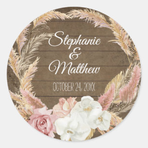 Sticker Rond Floral Boho Pampas Palm Mariage en bois rustique