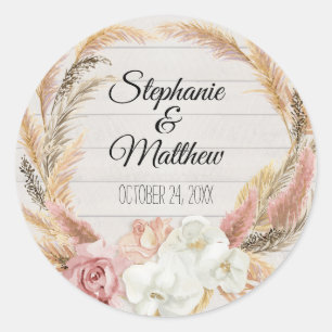 Sticker Rond Floral Boho Pampas Palm Mariage en bois rustique