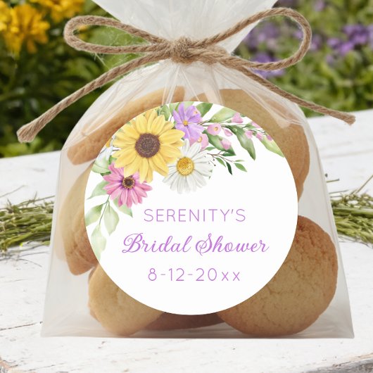 Sticker Rond Floral Boho Sunflower Daisy Bridal Shower