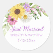 Sticker Rond Floral Boho Sunflower Daisy Wedding Just Married (Devant)