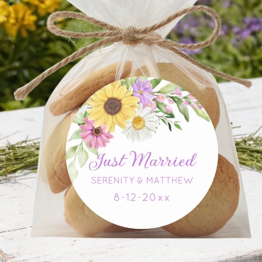 Sticker Rond Floral Boho Sunflower Daisy Wedding Just Married