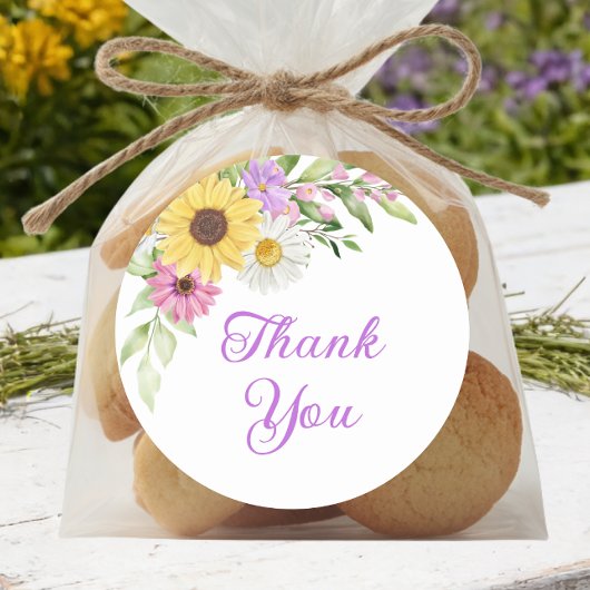 Sticker Rond Floral Boho Sunflower Daisy Wedding Thank You