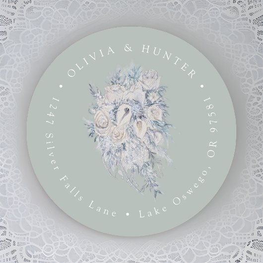 Sticker Rond Floral Bouquet Mariage Couple Names Adresse de ret