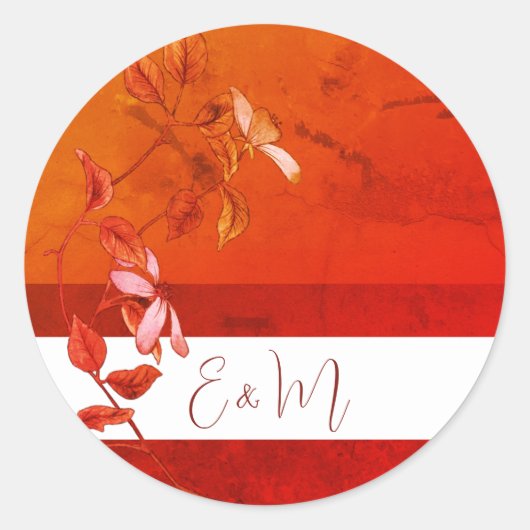 Sticker Rond Floral Brûlé Orange Rustique Terracotta Monogramme (Devant)