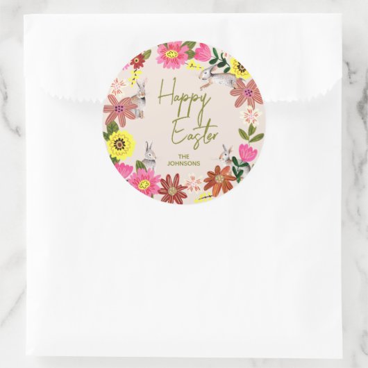 Sticker Rond Floral Bunny Happy Easter Spring Gift (Sac)